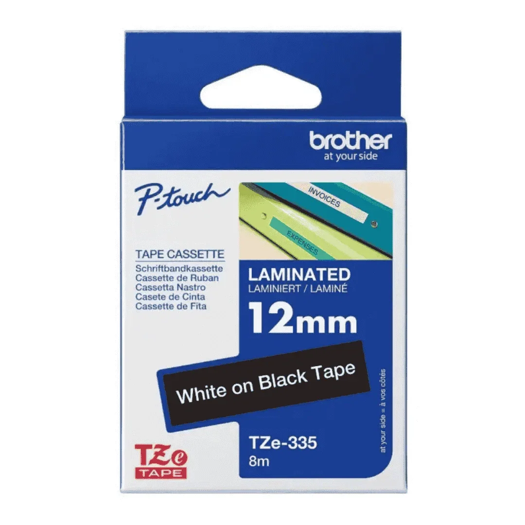 Brother Genuine TZe-335 12mm Laminated Label Tape – White on Black